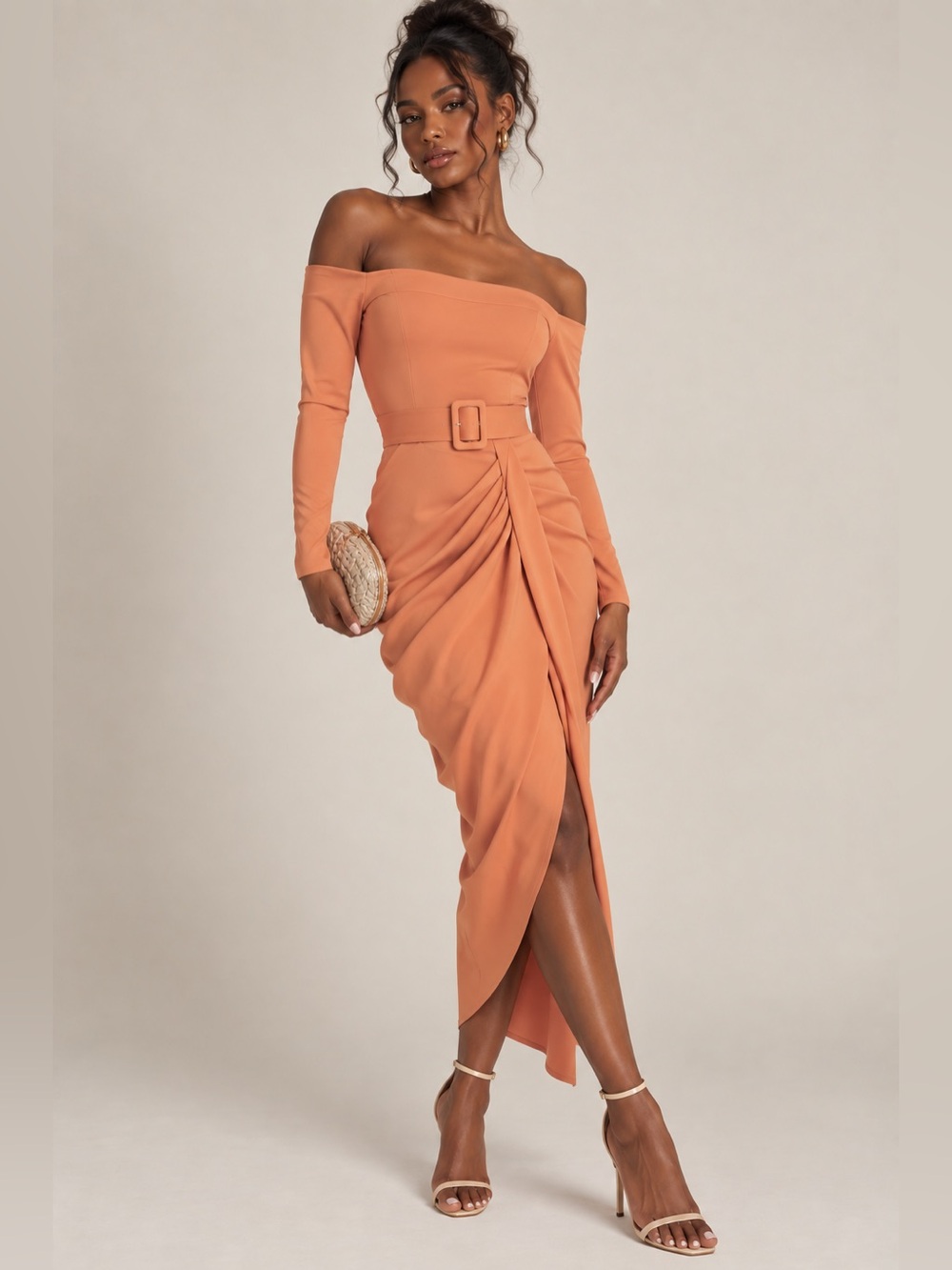 Terracotta Off Shoulder Belted Draped Midi Dress Size 0 NWT